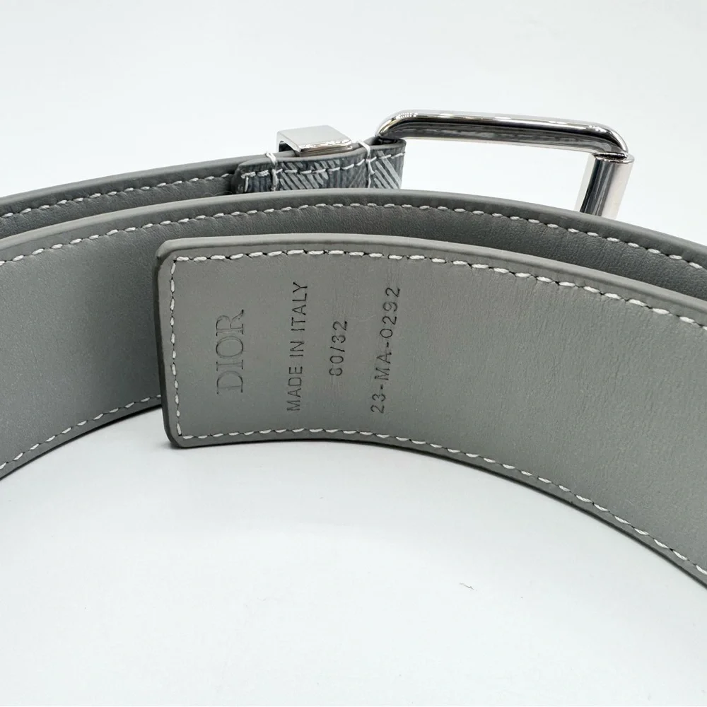 NEW Christian Dior CD Logo Diamond Grey Coated Canvas Calfskin Buckle Belt